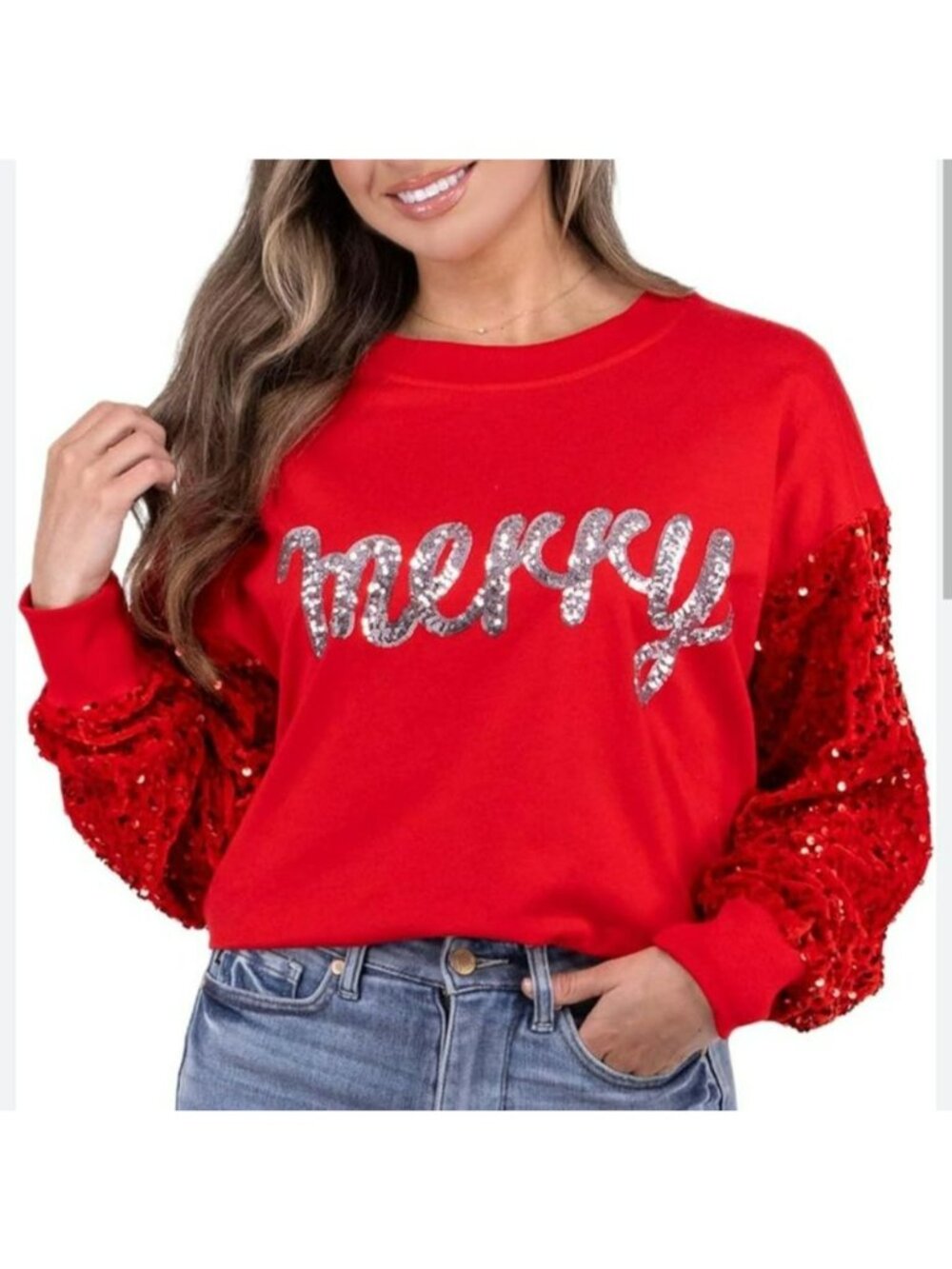 White Birch Sequin Sleeve Red "Merry" Christmas oversized Sweatshirt